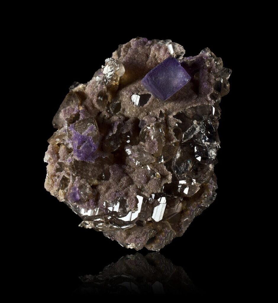 Purple fluorite on quartz from the Aiguille Verte, Mont-Blanc, France